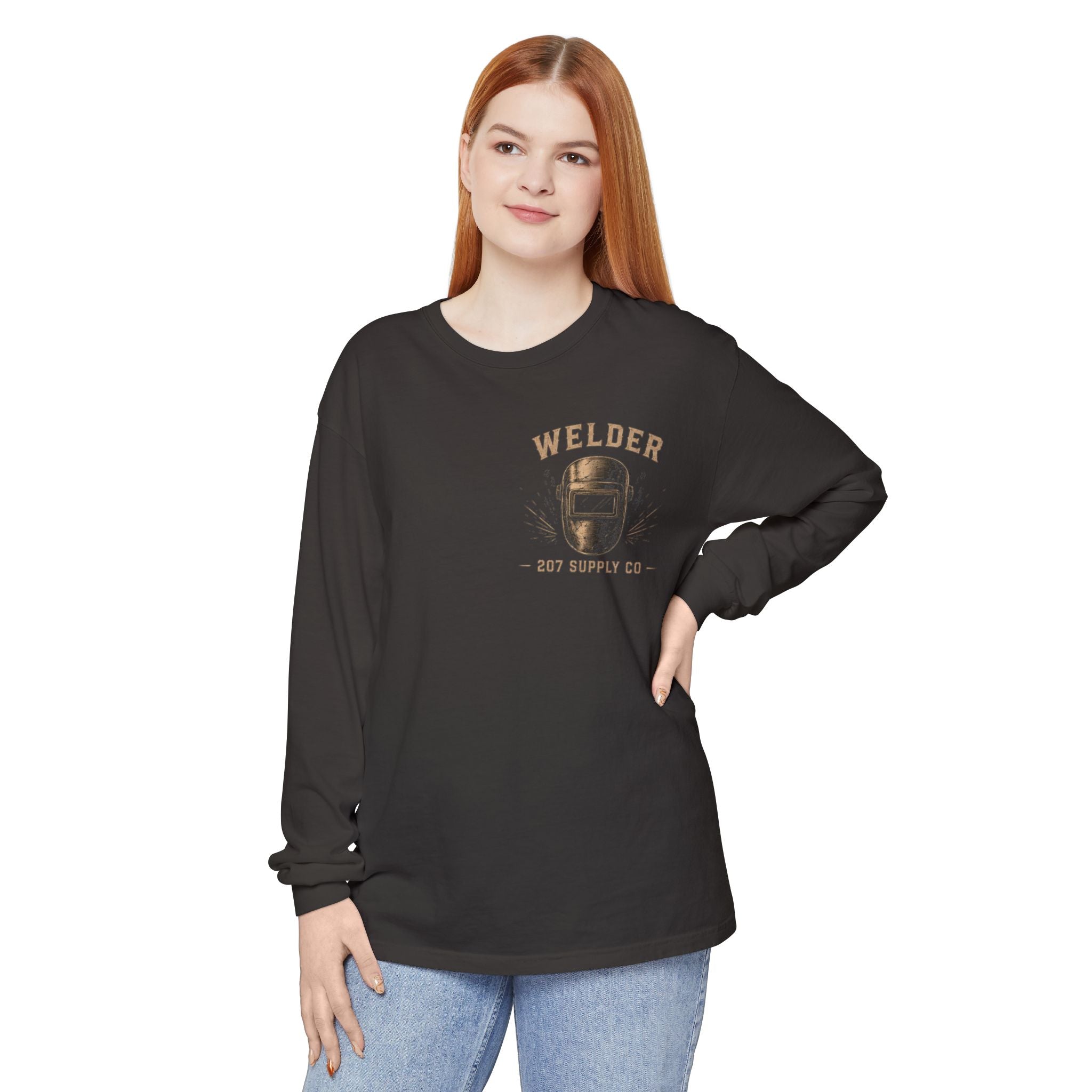 Premium Welder Long Sleeve T‑Shirt — Vintage Welding Helmet & Welder Graphic
