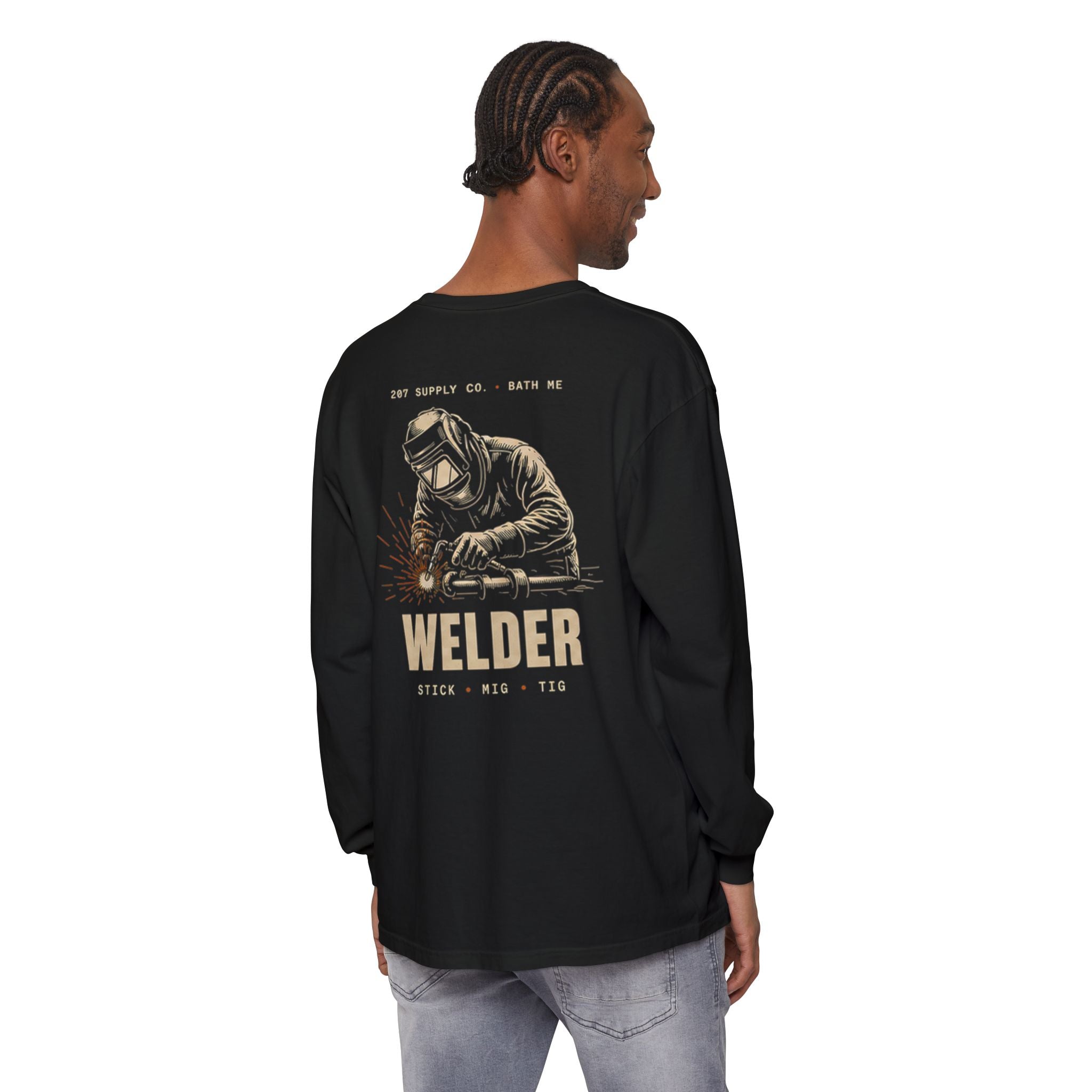 Premium Welder Long Sleeve T‑Shirt — Vintage Welding Helmet & Welder Graphic